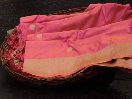 Yellow-Gulabi Pink Pure Katan Silk Banarasi Handloom Dupatta Hot on Sale