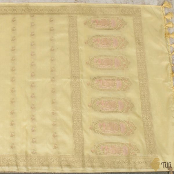 Light Yellow Pure Katan Silk Banarasi Handloom Petite Dupatta For Cheap