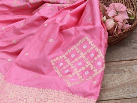 Baby Pink-Gajri Pink Pure Katan Silk Banarasi Handloom Dupatta For Cheap