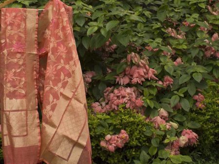 Coral Peach Pure Kora Net Banarasi Handloom Dupatta Sale