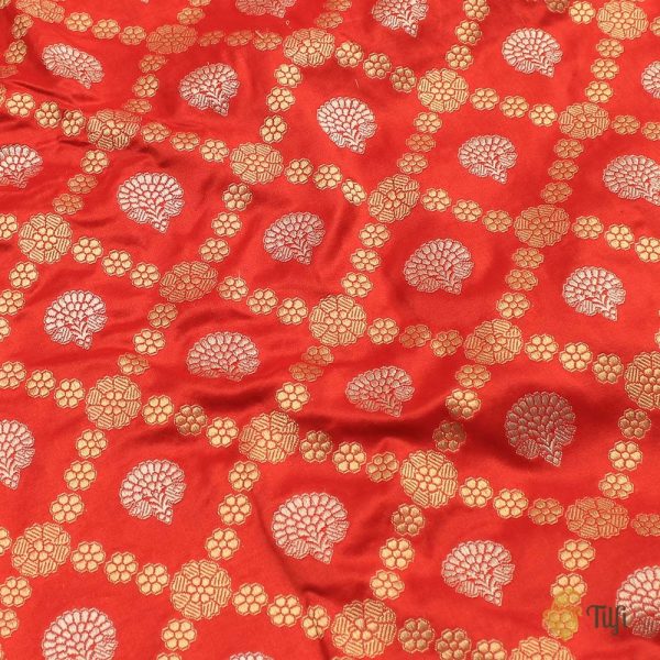 Orangish Red Pure Katan Silk Banarasi Handloom Dupatta For Sale