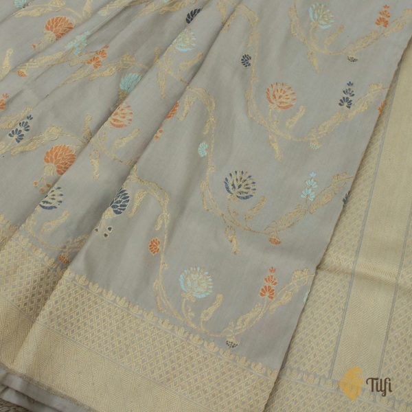 Grey Pure Katan Silk Banarasi Handloom Saree Discount