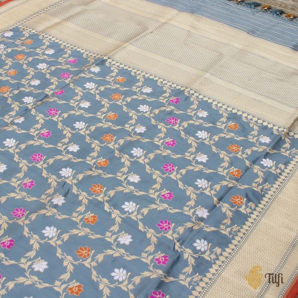 Grey Pure Katan Silk Banarasi Handloom Dupatta Supply