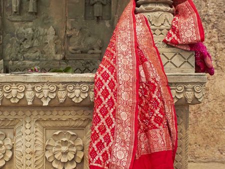 Pink-Red Pure Georgette Banarasi Handloom Bandhani Dupatta Online