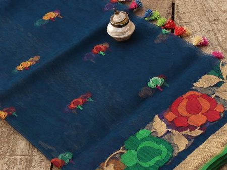 Cobalt Blue Pure Kora Net Banarasi Handloom Dupatta For Discount