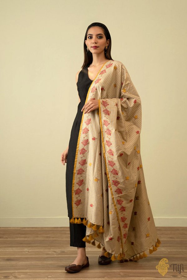 Grey-Mustard Pure Katan Silk Banarasi Handloom Dupatta For Cheap