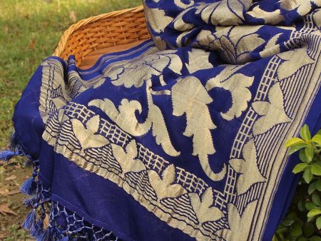 Navy Blue Pure Chiffon Georgette Banarasi Handloom Dupatta Hot on Sale