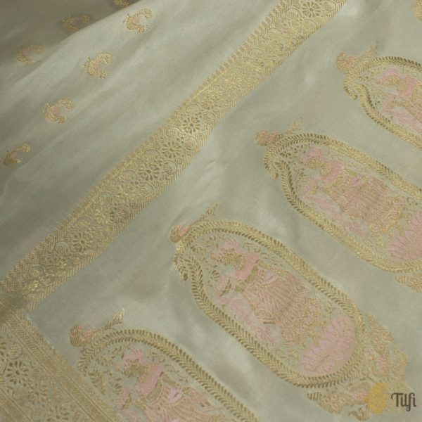 Light Grey Pure Katan Silk Banarasi Handloom Petite Dupatta For Discount