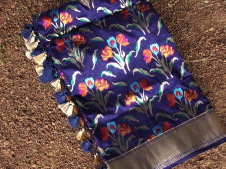 Purple-Navy Blue Pure Katan Silk Banarasi Handloom Dupatta Discount