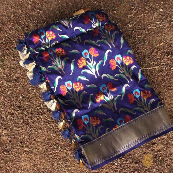 Purple-Navy Blue Pure Katan Silk Banarasi Handloom Dupatta Discount