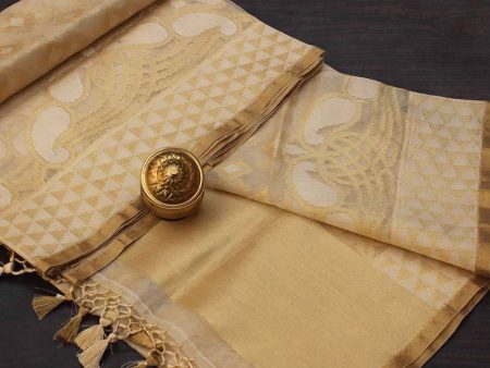 Beige-Gold Pure Kora Net Banarasi Handloom Dupatta Supply