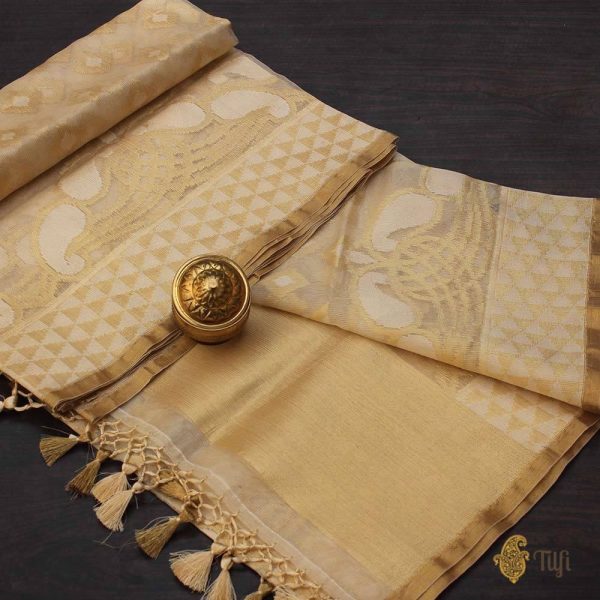 Beige-Gold Pure Kora Net Banarasi Handloom Dupatta Supply