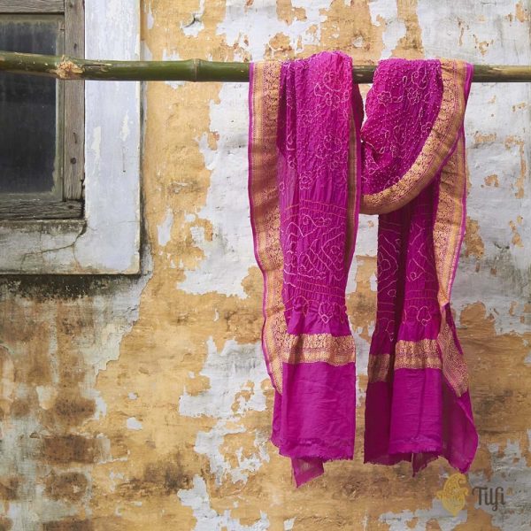 Gulaabi pink-Magenta Pure Georgette Banarasi Handloom Bandhani Dupatta For Discount