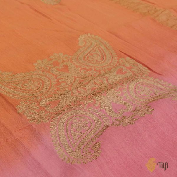 Peach-Orange Ombre Pure Monga Silk Banarasi Handloom Dupatta Online Sale