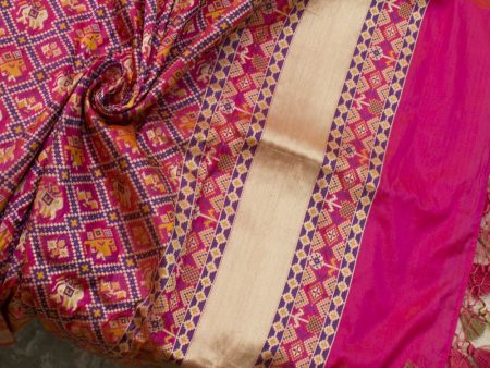 Orange-Rani Pink Pure Katan Silk Banarasi Handloom Patola Dupatta Hot on Sale