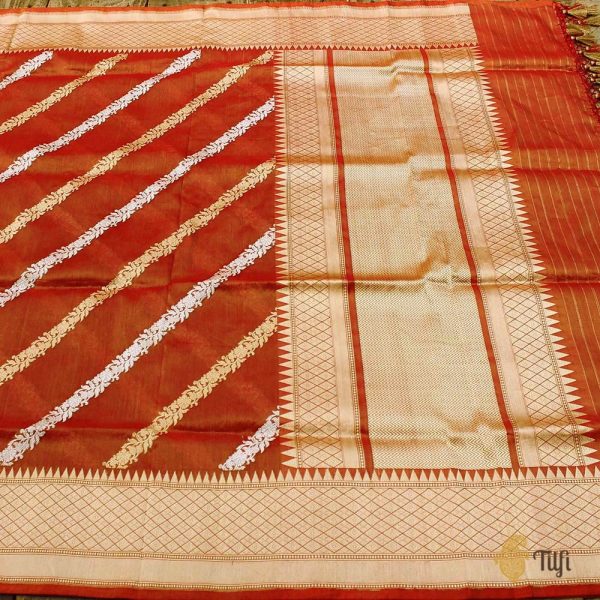 Gold Rust Pure Katan Silk Tissue Banarasi Handwoven Dupatta Cheap