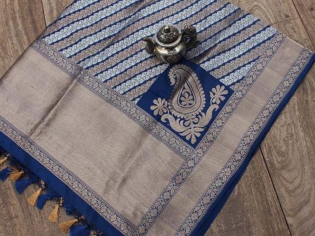 Persian Blue Pure Katan Silk Aadha Jaal Banarasi Handloom Dupatta Cheap