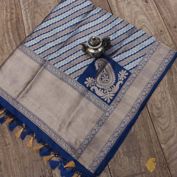 Persian Blue Pure Katan Silk Aadha Jaal Banarasi Handloom Dupatta Cheap