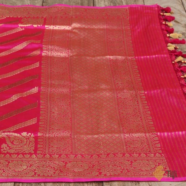 Rani Pink Pure Katan Silk Aadha Jaal Banarasi Handloom Dupatta For Discount