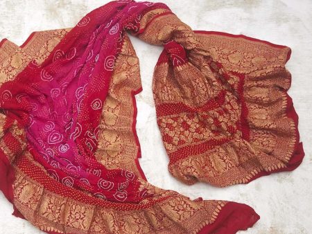 Rani pink-Red Pure Georgette Banarasi Handloom Bandhani Dupatta on Sale