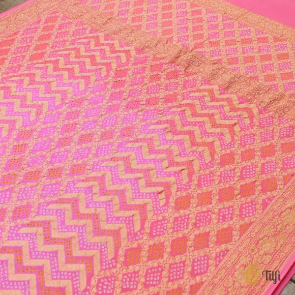 Light Fuchsia Pink - Coral Peach Pure Georgette Banarasi Handloom Bandhani Dupatta Fashion