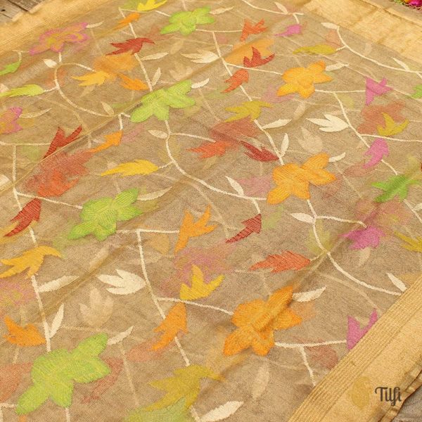 Gold Pure Kora Silk Net Banarasi Handloom Dupatta For Cheap