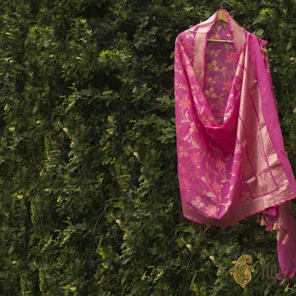 Gulaabi Pink Pure Kora Net by Cotton Banarasi Handloom Dupatta Cheap