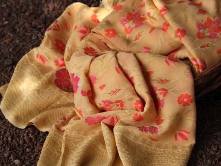 Apricot Yellow Pure Khaddi Georgette Banarasi Handloom Dupatta on Sale