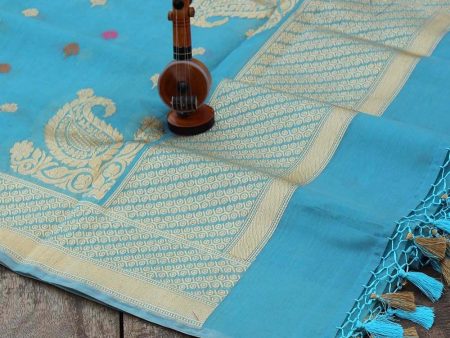 Aqua Blue Pure Cotton Banarasi Handloom Dupatta For Discount