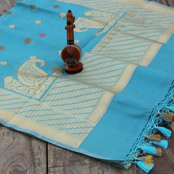 Aqua Blue Pure Cotton Banarasi Handloom Dupatta For Discount