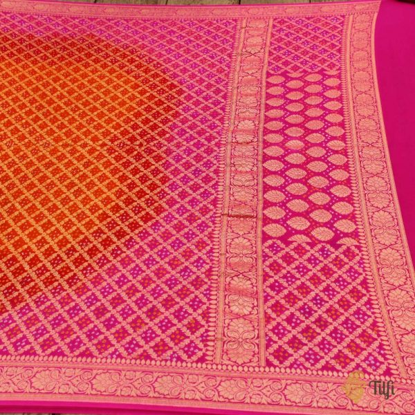 Orange-Red-Hot Pink Pure Georgette Banarasi Handloom Bandhani Dupatta Online now