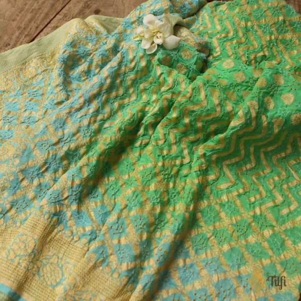 Green - Light Blue Pure Georgette Banarasi Handloom Bandhani Dupatta For Cheap