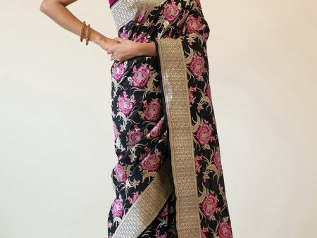 A Bed of Roses  Black Pure Katan Silk Banarasi Handloom Saree on Sale