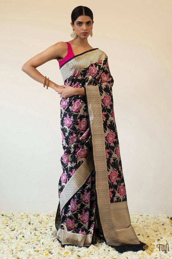 A Bed of Roses  Black Pure Katan Silk Banarasi Handloom Saree on Sale