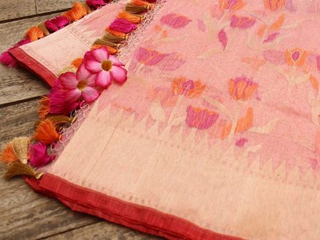 Light Coral Peach Pure Linen Banarasi Handloom Dupatta Sale