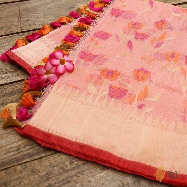 Light Coral Peach Pure Linen Banarasi Handloom Dupatta Sale