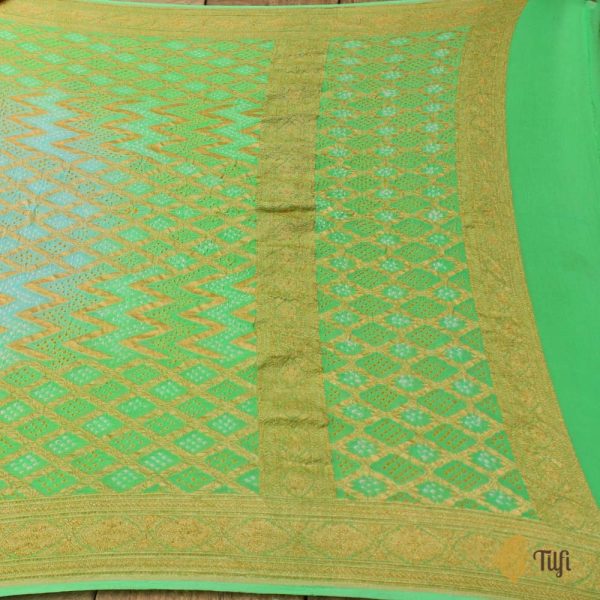 Light Blue - Green Pure Georgette Banarasi Handloom Bandhani Dupatta For Sale