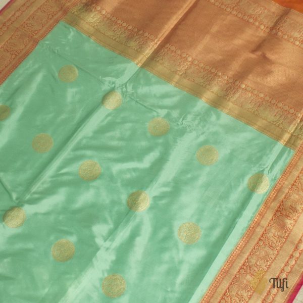 Aqua Blue-Orange Pure Katan Silk Banarasi Handloom Saree For Sale