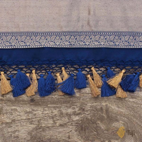 Persian Blue Pure Katan Silk Aadha Jaal Banarasi Handloom Dupatta Cheap