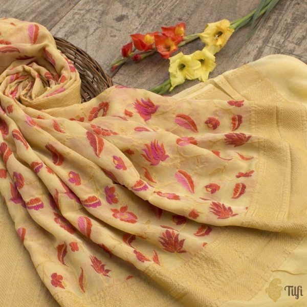 Light Yellow Pure Khaddi Georgette Banarasi Handloom Dupatta Hot on Sale