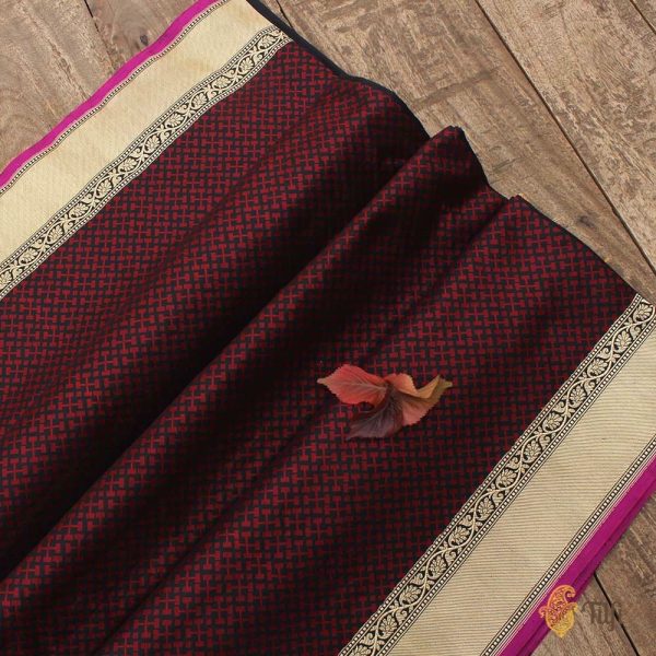 Black-Burgundy Pure Katan Silk Handwoven Banarasi Saree on Sale