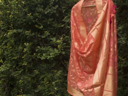 Peach Pure Kora Net by Cotton Banarasi Handloom Dupatta Discount