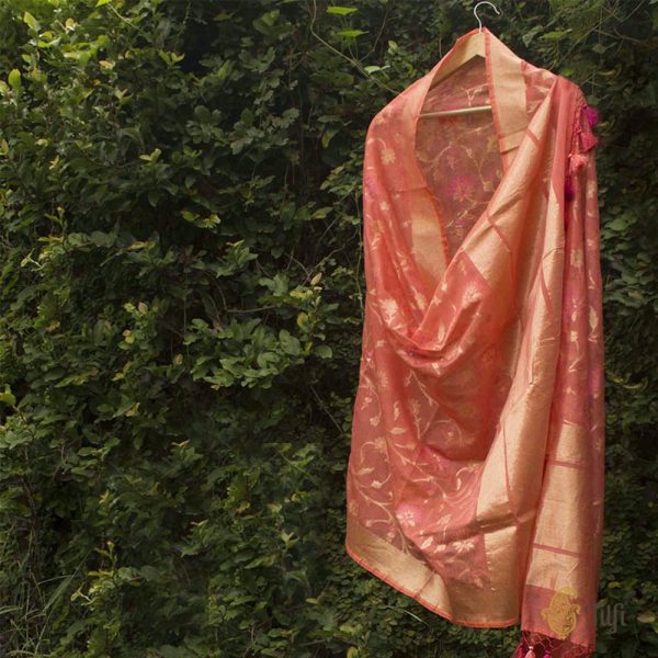 Peach Pure Kora Net by Cotton Banarasi Handloom Dupatta Discount