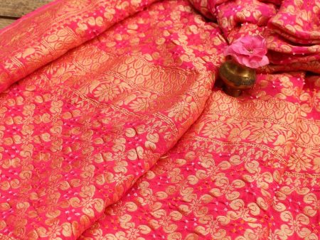 Pink-Strawberry Pink Pure Georgette Banarasi Handloom Bandhani Dupatta Online Hot Sale