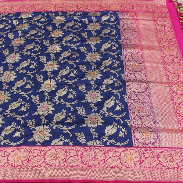 Navy Blue-Pink Pure Katan Silk Kadwa Jangla Handloom Dupatta Fashion