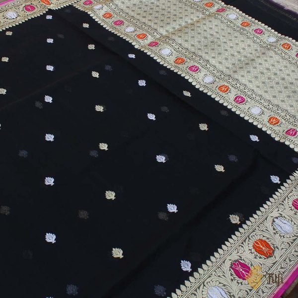 Black Pure Kora Silk Banarasi Handloom Saree For Discount