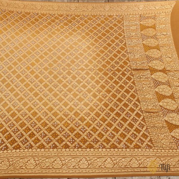 Beige-Dark Mustard Pure Georgette Banarasi Handloom Bandhani Dupatta Hot on Sale