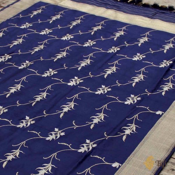 Navy Blue Pure Katan Silk Banarasi Kadwa Jangla Handloom Dupatta Fashion