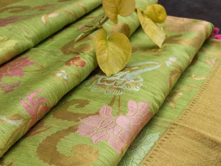 Pista Green Pure Dupion Silk Banarasi Handloom Dupatta Online now