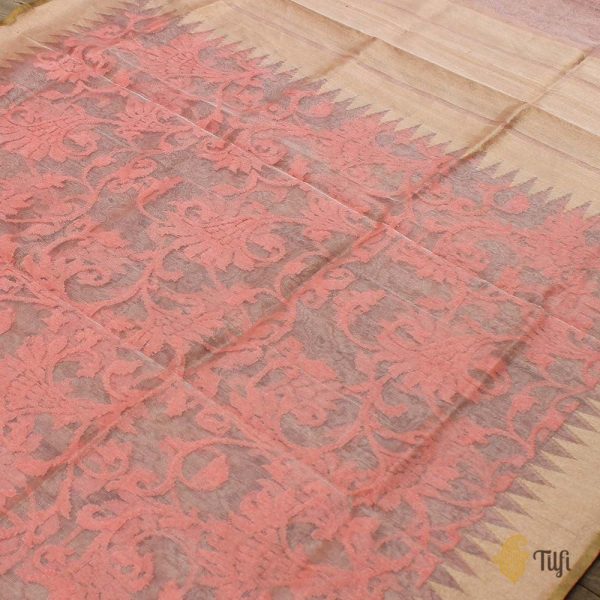 Peach Pure Kora Net Tissue Banarasi Handloom Dupatta Online now